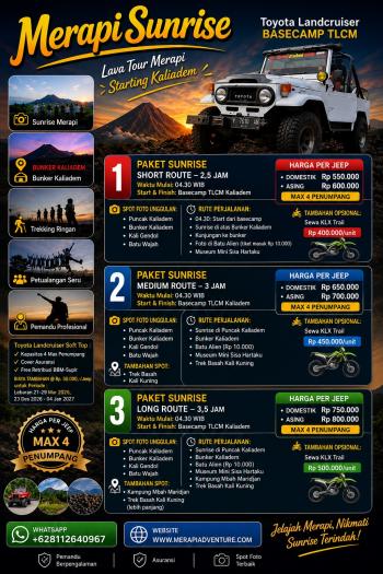 Sunrise Merapi Eksklusif dengan Toyota Land Cruiser Terbuka  – Start Basecamp Kaliadem