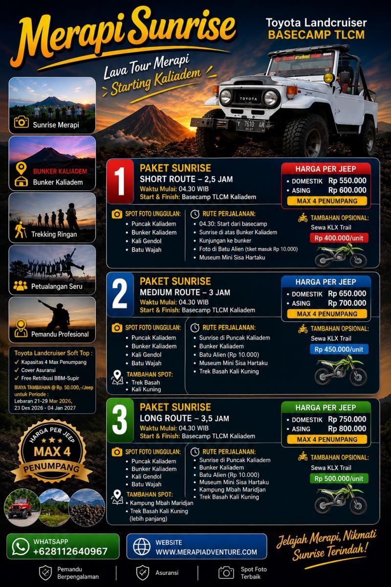 Sunrise Merapi Eksklusif dengan Toyota Land Cruiser Terbuka  – Start Basecamp Kaliadem